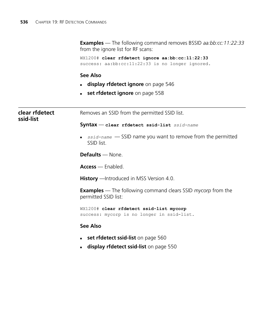 Clear rfdetect ssid-list | 3Com Wireless LAN WX1200 User Manual | Page 536 / 646