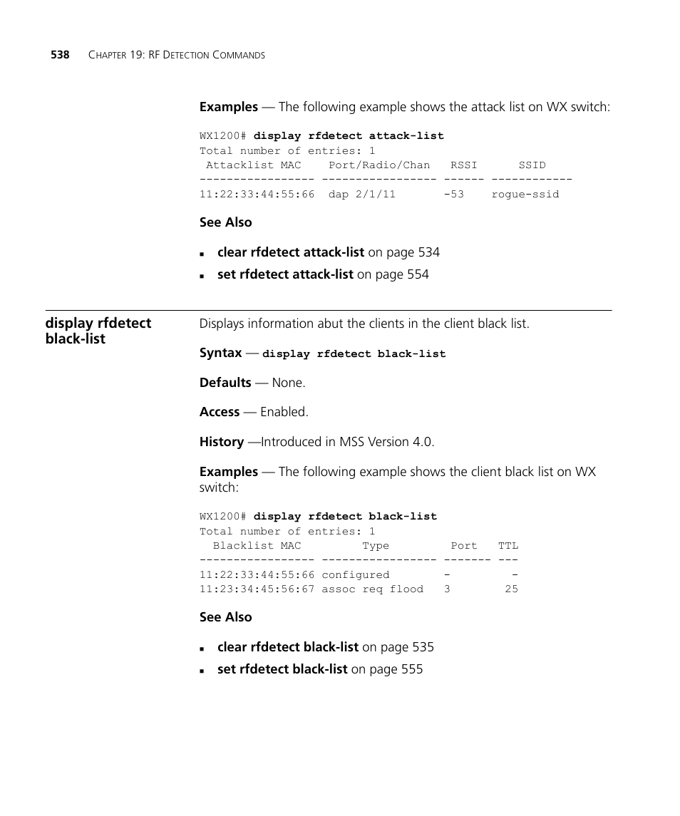 Display rfdetect black-list | 3Com Wireless LAN WX1200 User Manual | Page 538 / 646