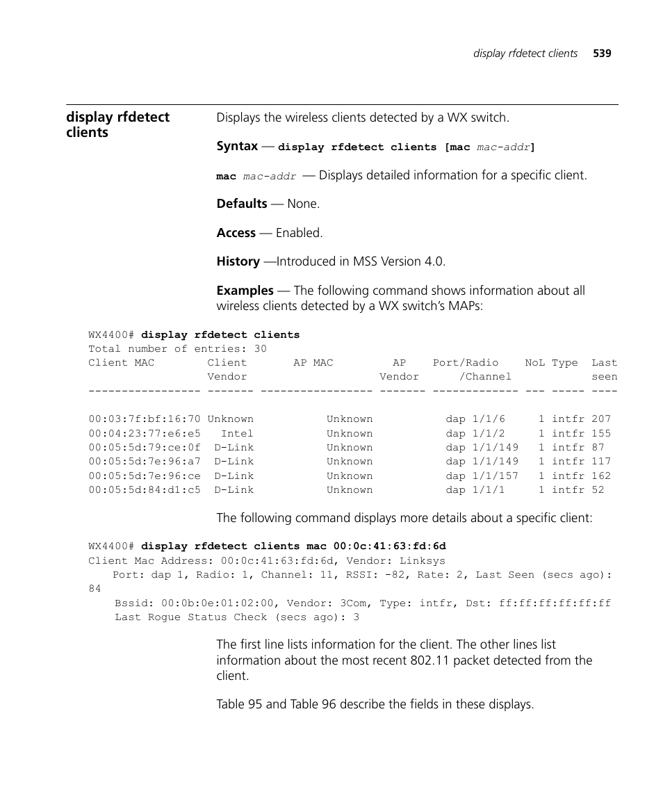 Display rfdetect clients | 3Com Wireless LAN WX1200 User Manual | Page 539 / 646