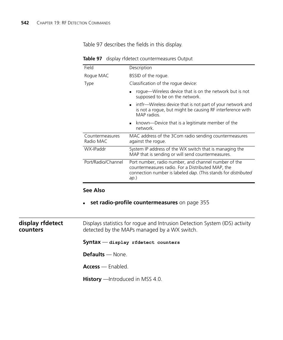 Display rfdetect counters | 3Com Wireless LAN WX1200 User Manual | Page 542 / 646