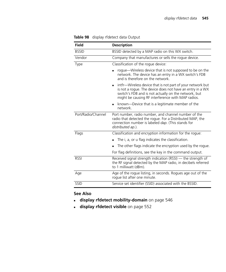 See also, Display rfdetect mobility-domain on page 546, Display rfdetect visible on page 552 | 3Com Wireless LAN WX1200 User Manual | Page 545 / 646