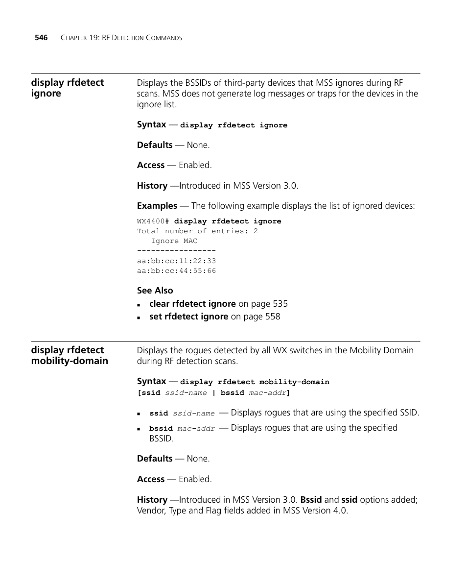 Display rfdetect ignore, Display rfdetect mobility-domain | 3Com Wireless LAN WX1200 User Manual | Page 546 / 646