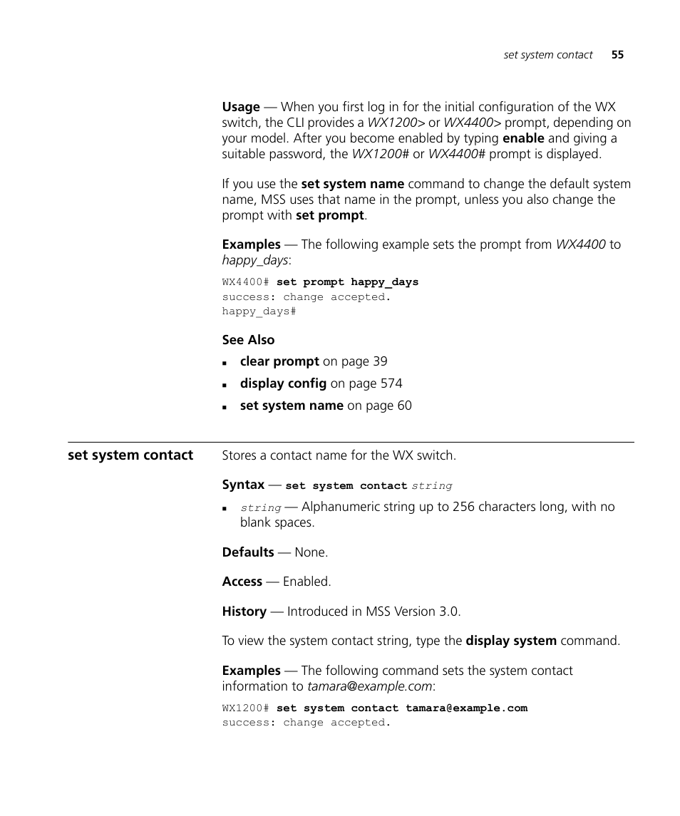 Set system contact | 3Com Wireless LAN WX1200 User Manual | Page 55 / 646