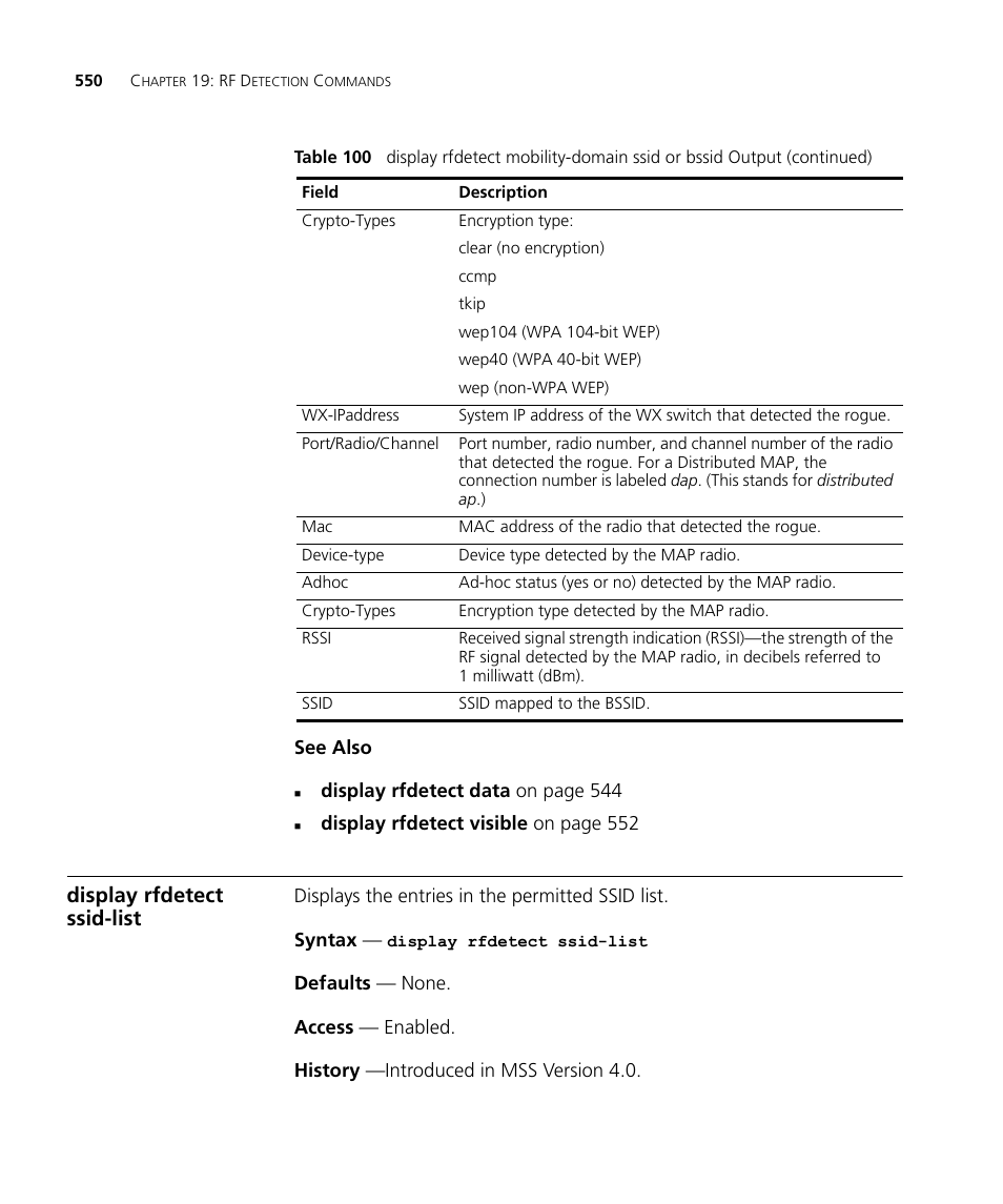 Display rfdetect ssid-list | 3Com Wireless LAN WX1200 User Manual | Page 550 / 646
