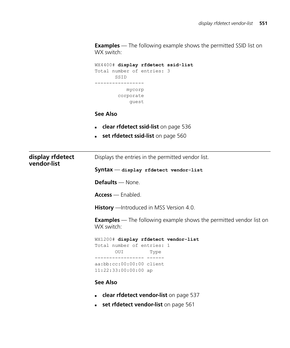 Display rfdetect vendor-list | 3Com Wireless LAN WX1200 User Manual | Page 551 / 646