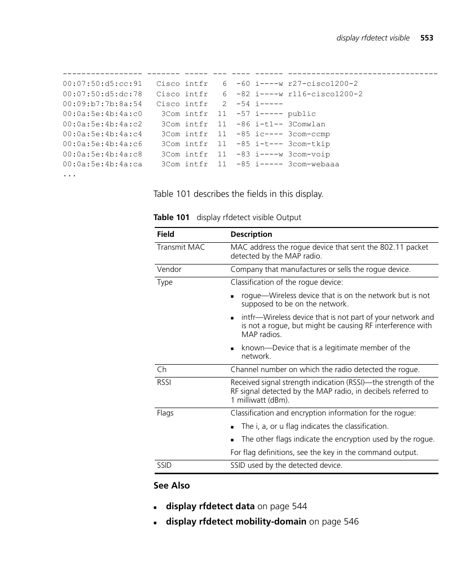 Display rfdetect data on page 544, Display rfdetect mobility-domain on page 546 | 3Com Wireless LAN WX1200 User Manual | Page 553 / 646