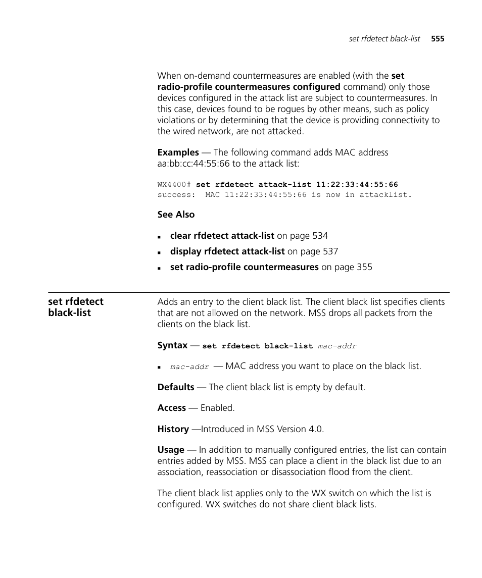 Set rfdetect black-list | 3Com Wireless LAN WX1200 User Manual | Page 555 / 646