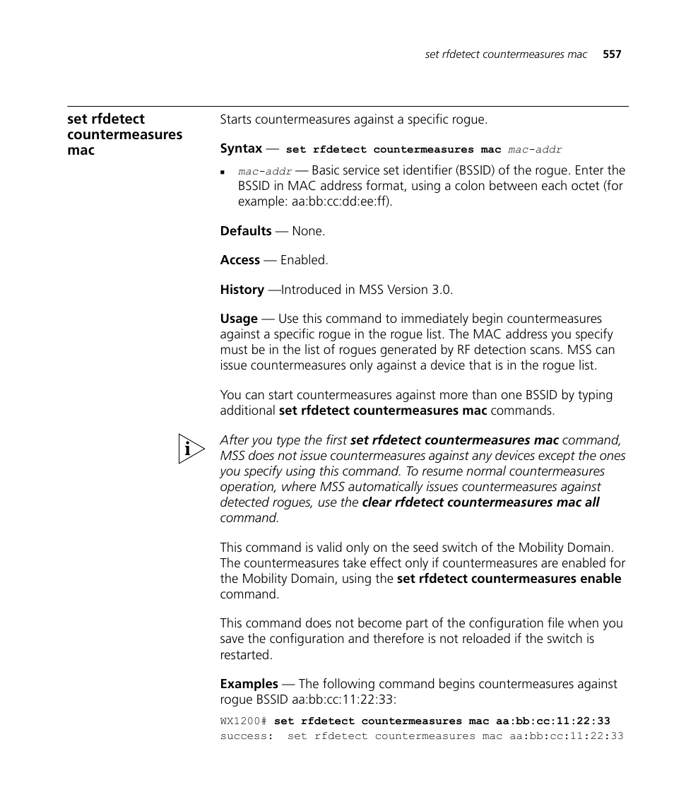 Set rfdetect countermeasures mac | 3Com Wireless LAN WX1200 User Manual | Page 557 / 646