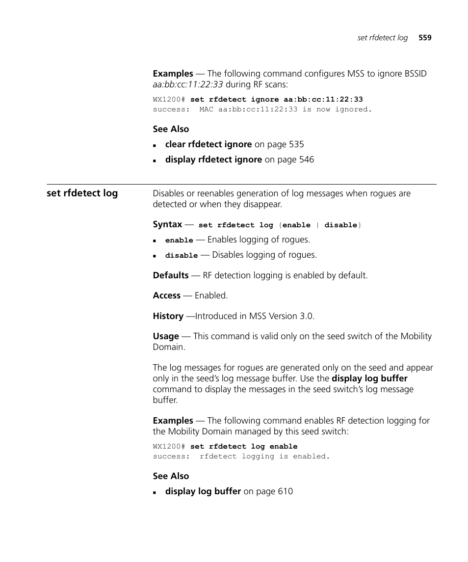 Set rfdetect log | 3Com Wireless LAN WX1200 User Manual | Page 559 / 646