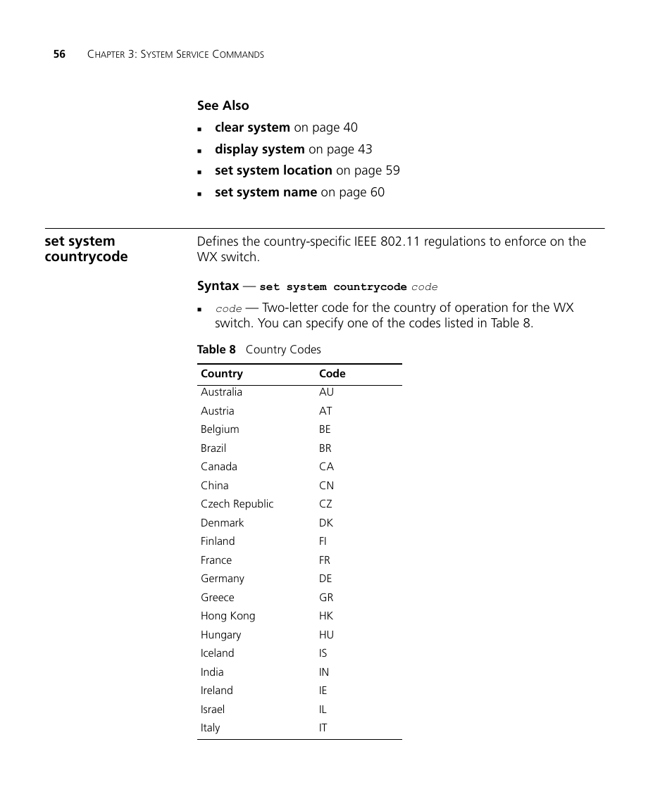 Set system countrycode | 3Com Wireless LAN WX1200 User Manual | Page 56 / 646