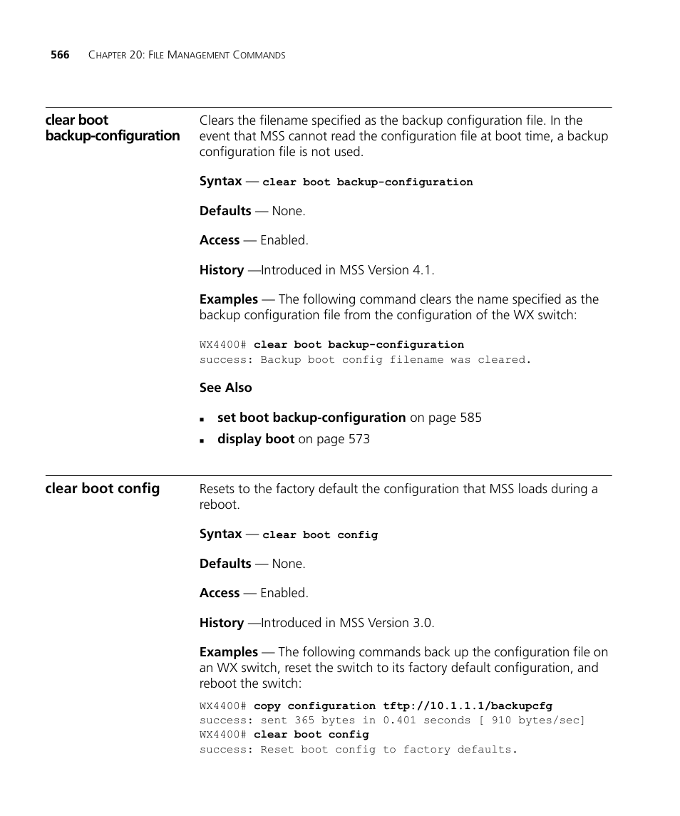 Clear boot backup-configuration, Clear boot config | 3Com Wireless LAN WX1200 User Manual | Page 566 / 646