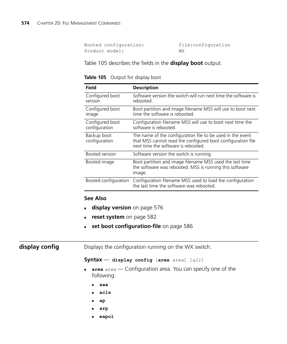 Display config, Display version on page 576, Reset system on page 582 | Set boot configuration-file on page 586 | 3Com Wireless LAN WX1200 User Manual | Page 574 / 646