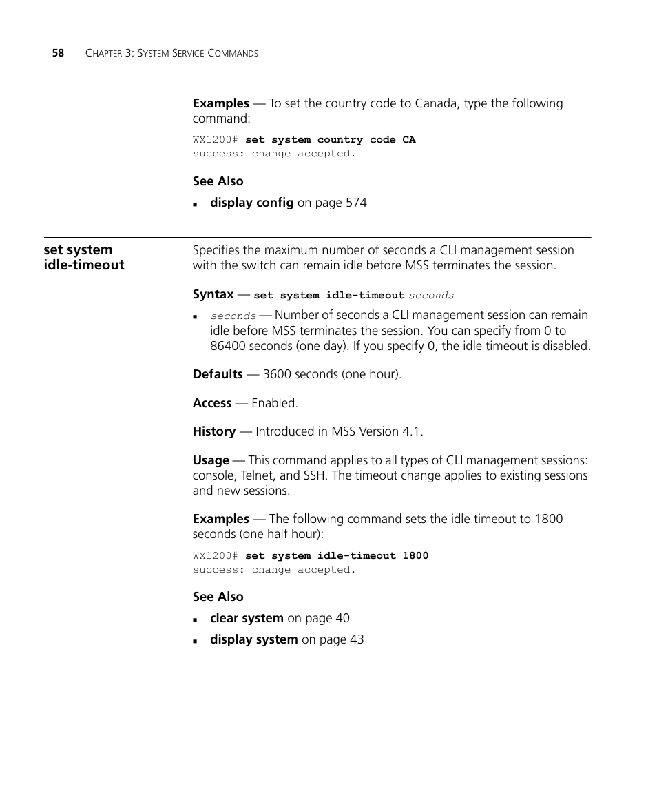 Set system idle-timeout | 3Com Wireless LAN WX1200 User Manual | Page 58 / 646