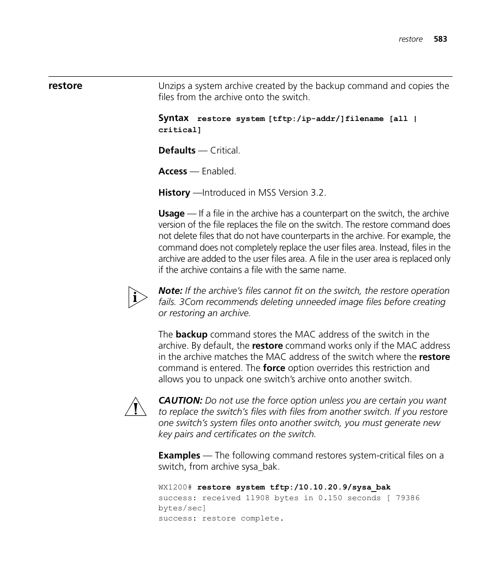 Restore | 3Com Wireless LAN WX1200 User Manual | Page 583 / 646
