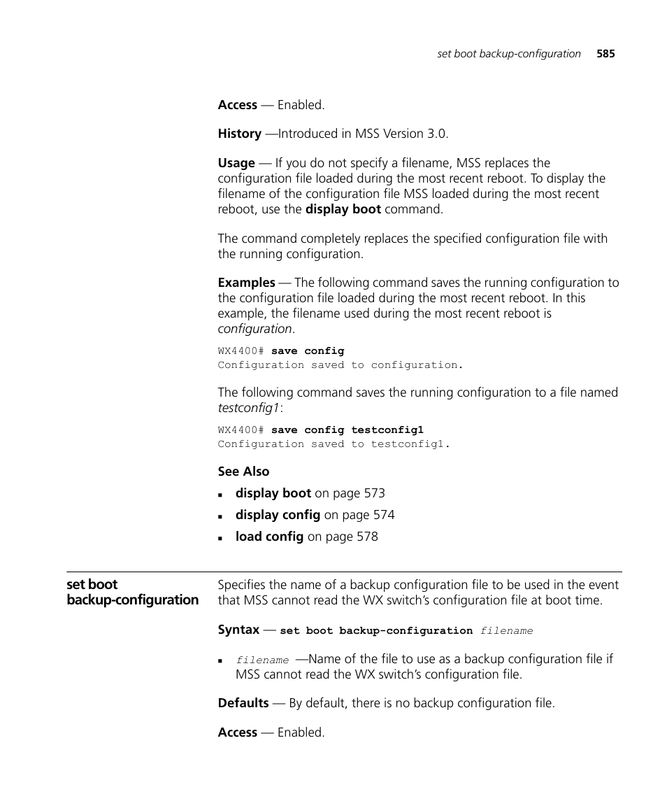 Set boot backup-configuration | 3Com Wireless LAN WX1200 User Manual | Page 585 / 646