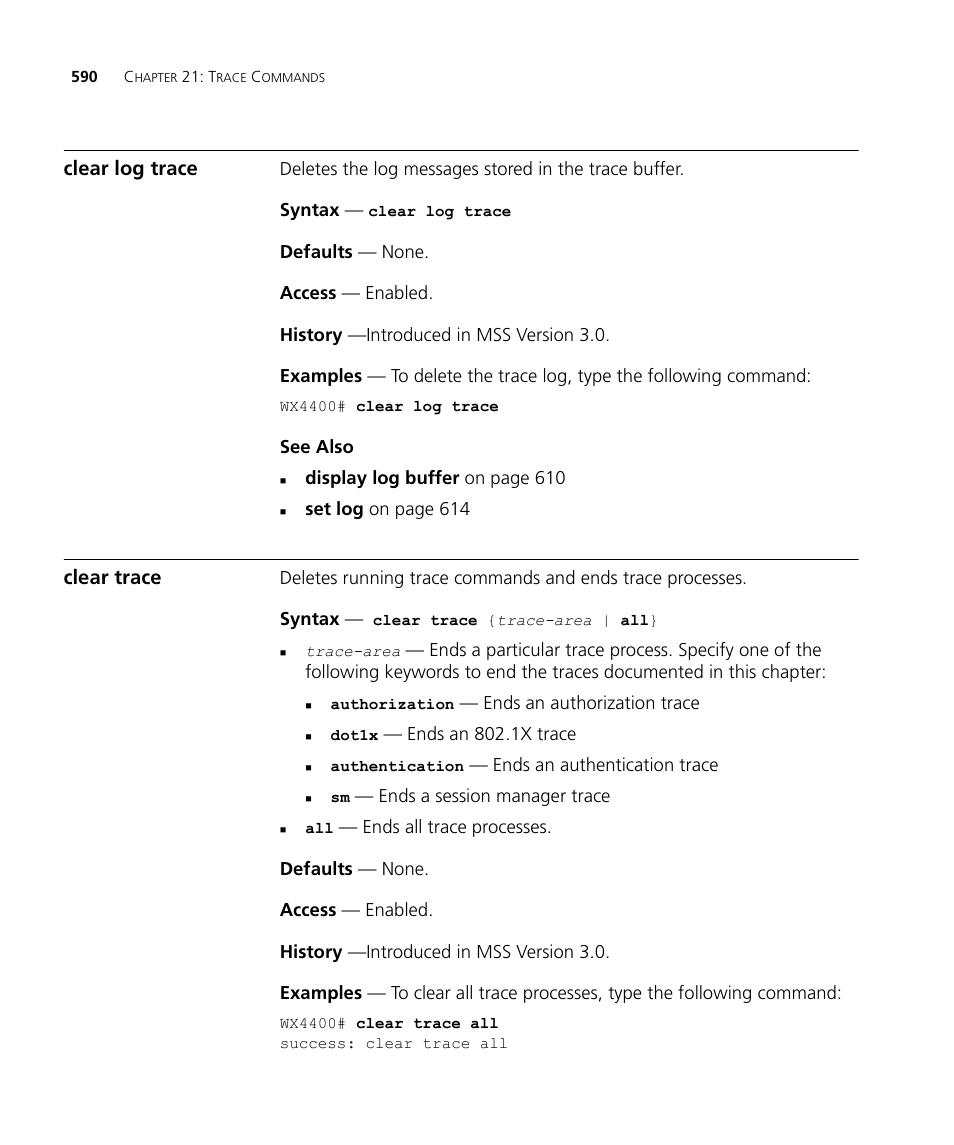 Clear log trace, Clear trace | 3Com Wireless LAN WX1200 User Manual | Page 590 / 646