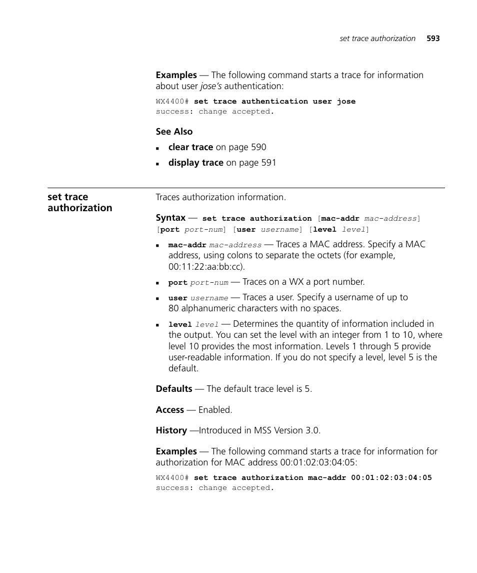 Set trace authorization | 3Com Wireless LAN WX1200 User Manual | Page 593 / 646