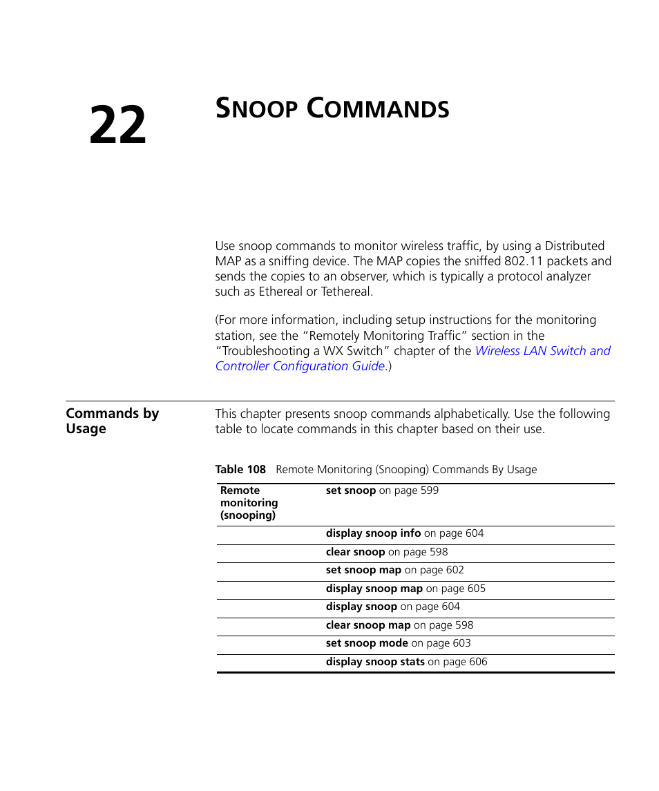 Snoop commands, Commands by usage, Noop | Ommands | 3Com Wireless LAN WX1200 User Manual | Page 597 / 646