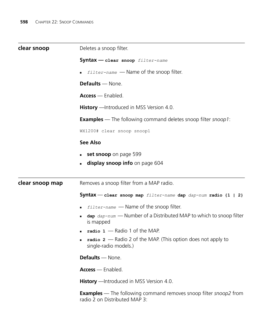 Clear snoop, Clear snoop map | 3Com Wireless LAN WX1200 User Manual | Page 598 / 646