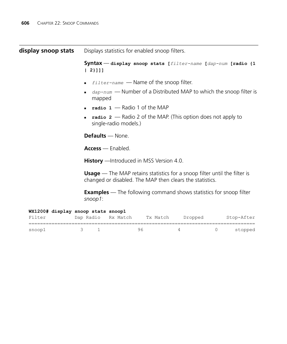 Display snoop stats | 3Com Wireless LAN WX1200 User Manual | Page 606 / 646