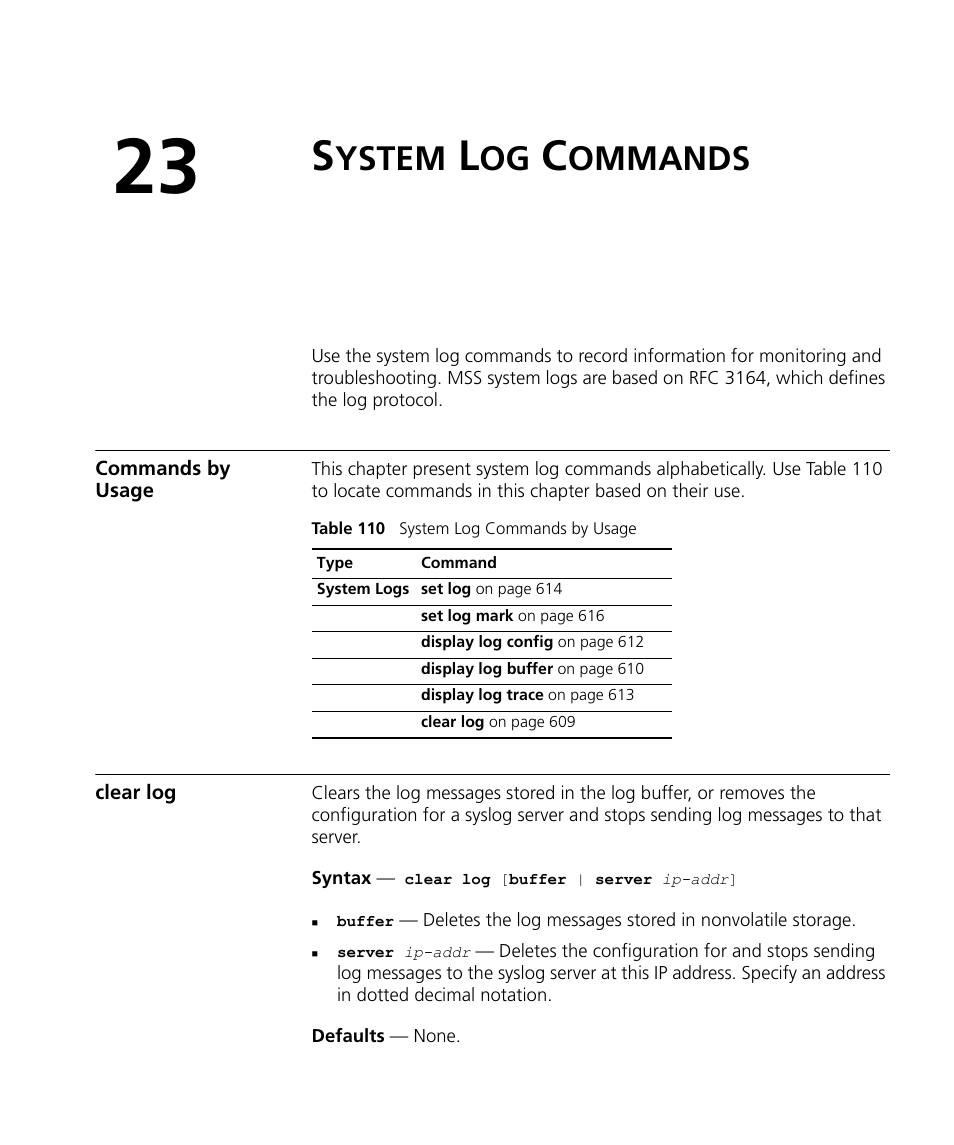 System log commands, Commands by usage, Clear log | Ystem, Ommands | 3Com Wireless LAN WX1200 User Manual | Page 609 / 646