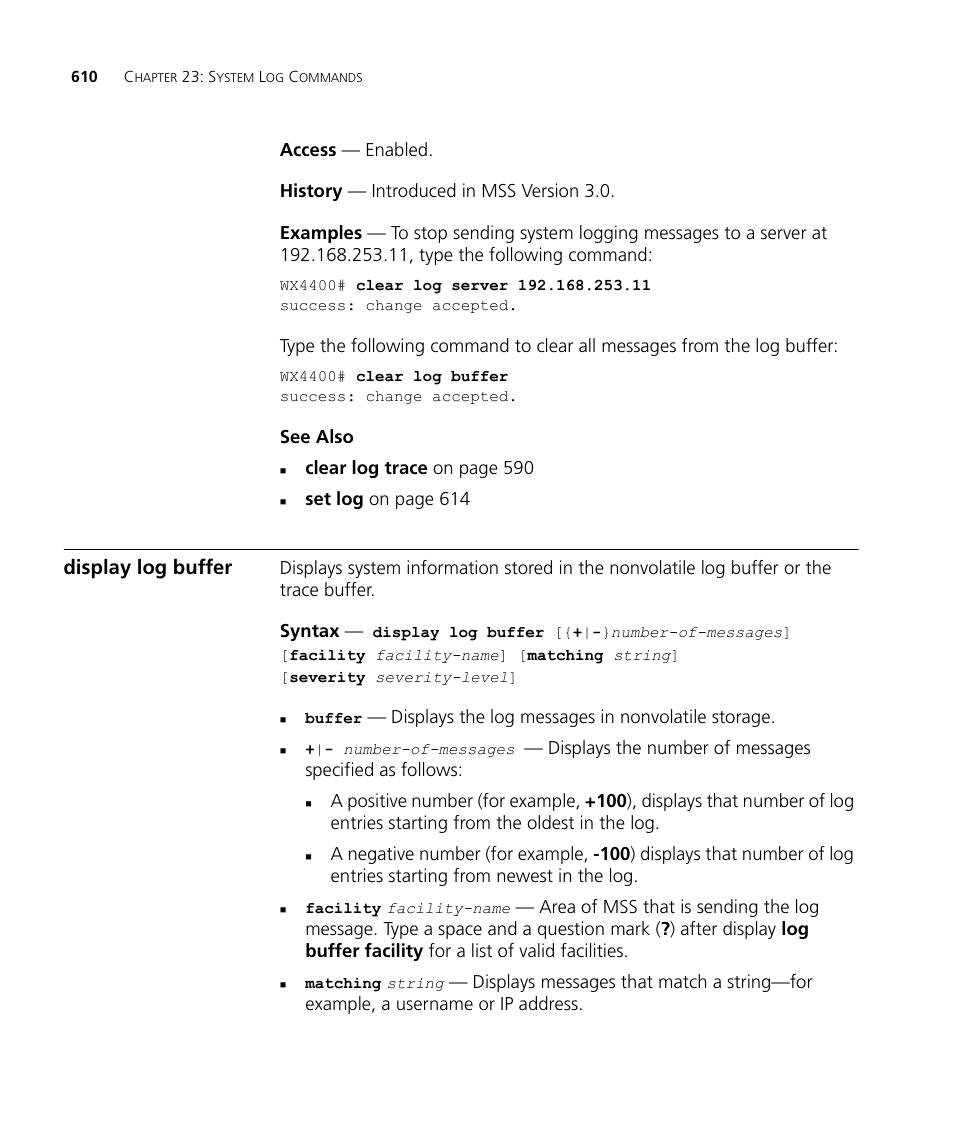 Display log buffer | 3Com Wireless LAN WX1200 User Manual | Page 610 / 646