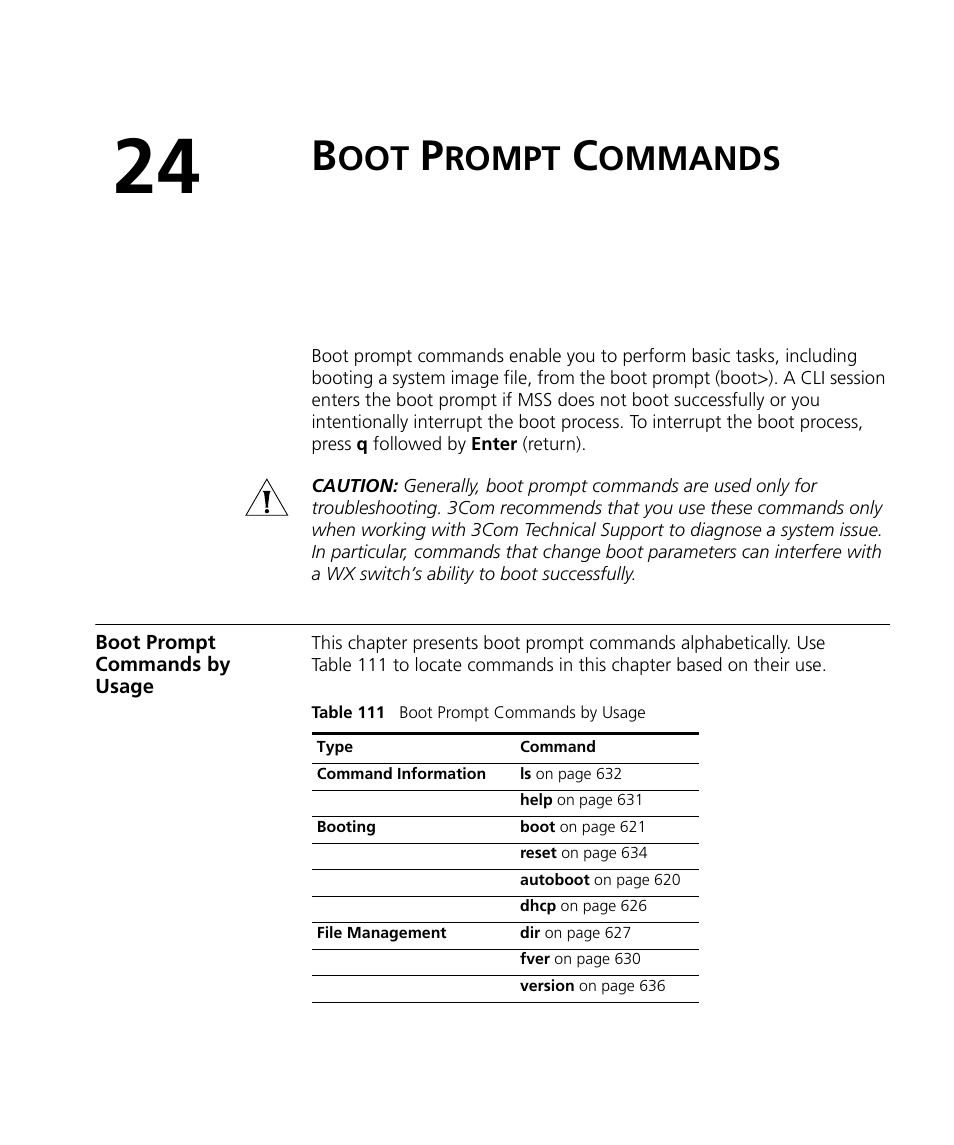 Boot prompt commands, Boot prompt commands by usage, Rompt | Ommands | 3Com Wireless LAN WX1200 User Manual | Page 619 / 646