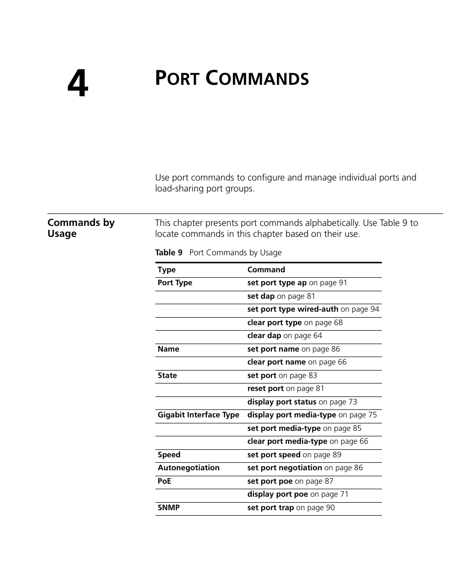 Port commands, Commands by usage, Ommands | 3Com Wireless LAN WX1200 User Manual | Page 63 / 646