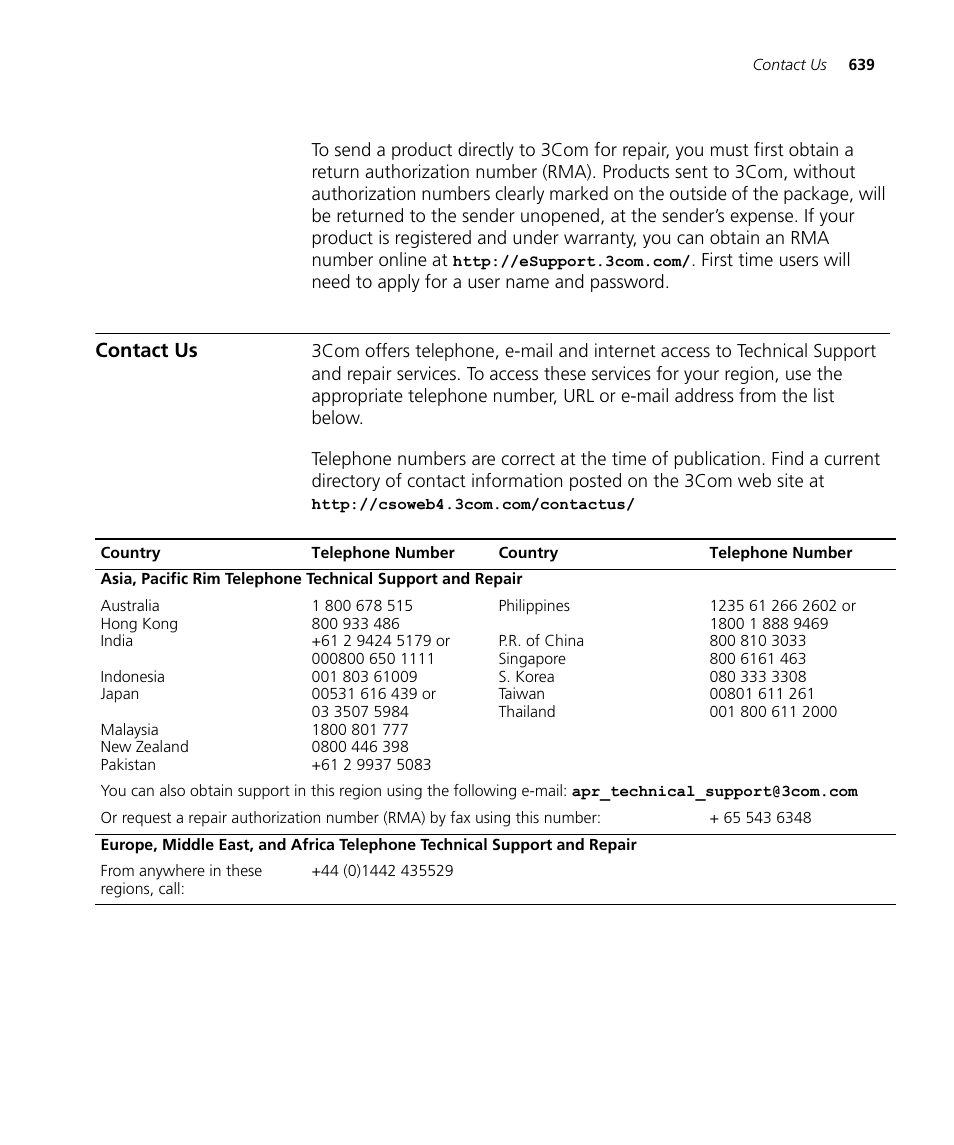 Contact us | 3Com Wireless LAN WX1200 User Manual | Page 639 / 646