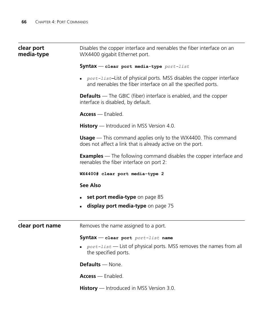 Clear port media-type, Clear port name | 3Com Wireless LAN WX1200 User Manual | Page 66 / 646