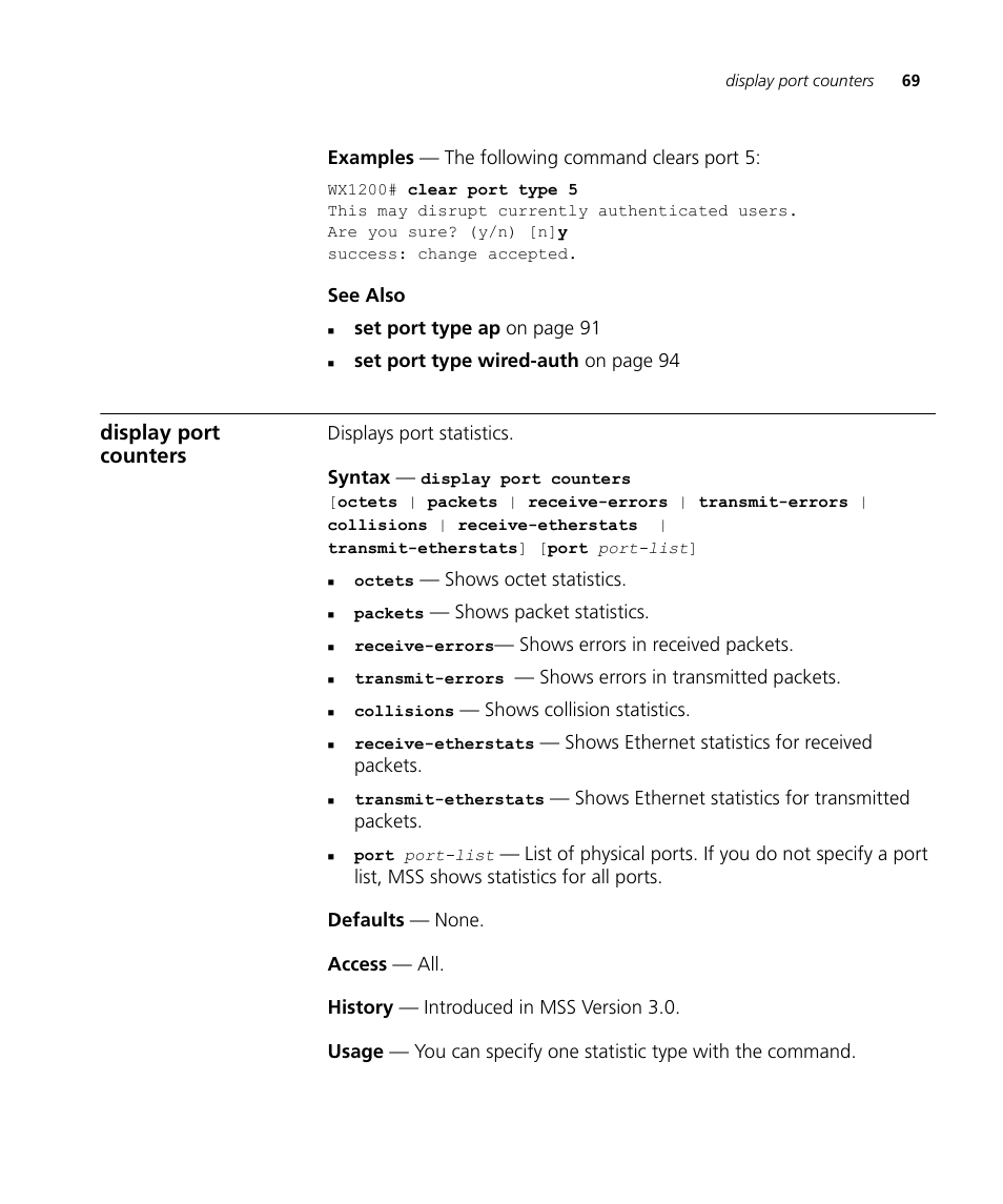 Display port counters | 3Com Wireless LAN WX1200 User Manual | Page 69 / 646