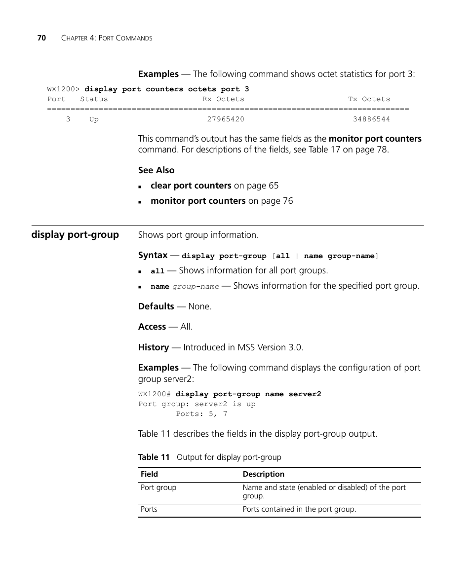 Display port-group | 3Com Wireless LAN WX1200 User Manual | Page 70 / 646
