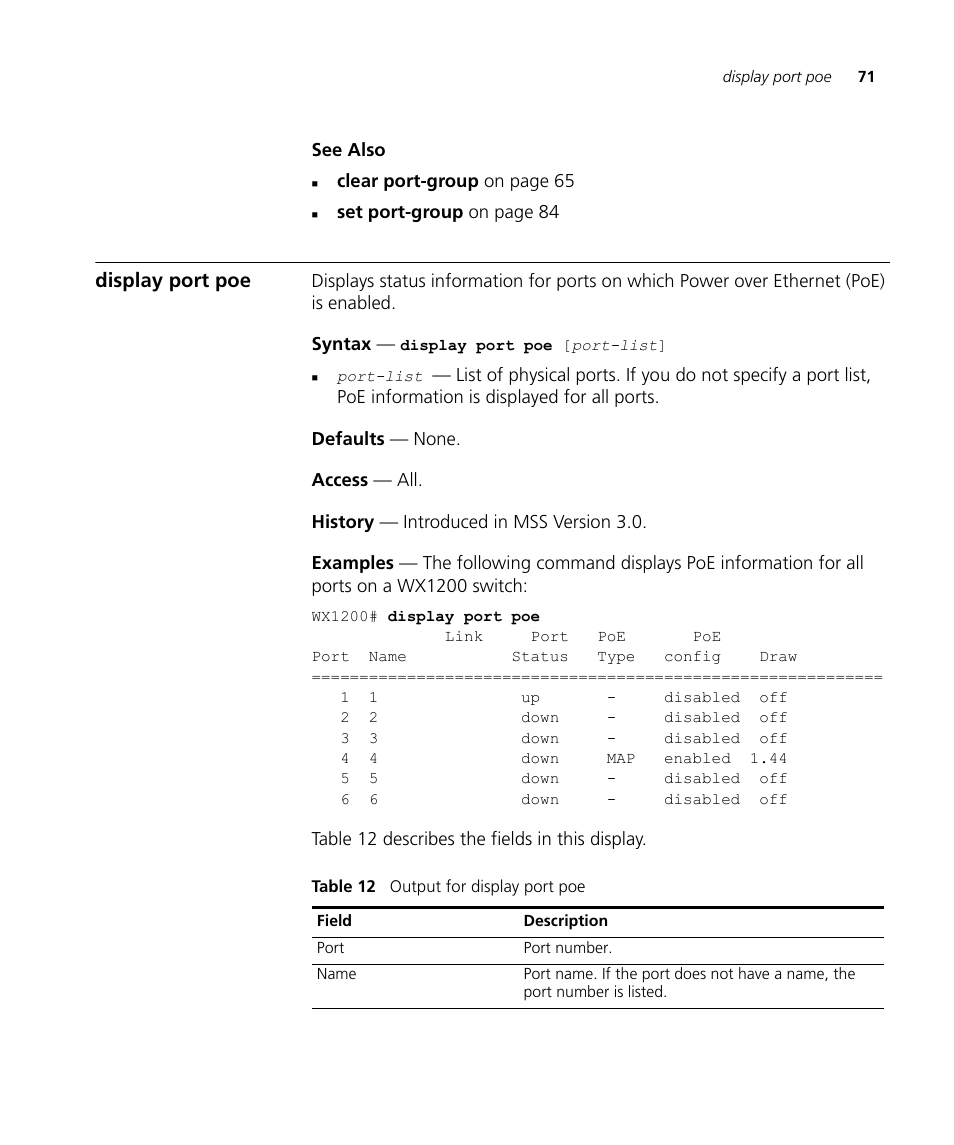 Display port poe | 3Com Wireless LAN WX1200 User Manual | Page 71 / 646