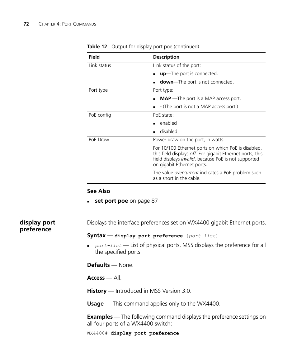 Display port preference, See also, Set port poe on page 87 | 3Com Wireless LAN WX1200 User Manual | Page 72 / 646