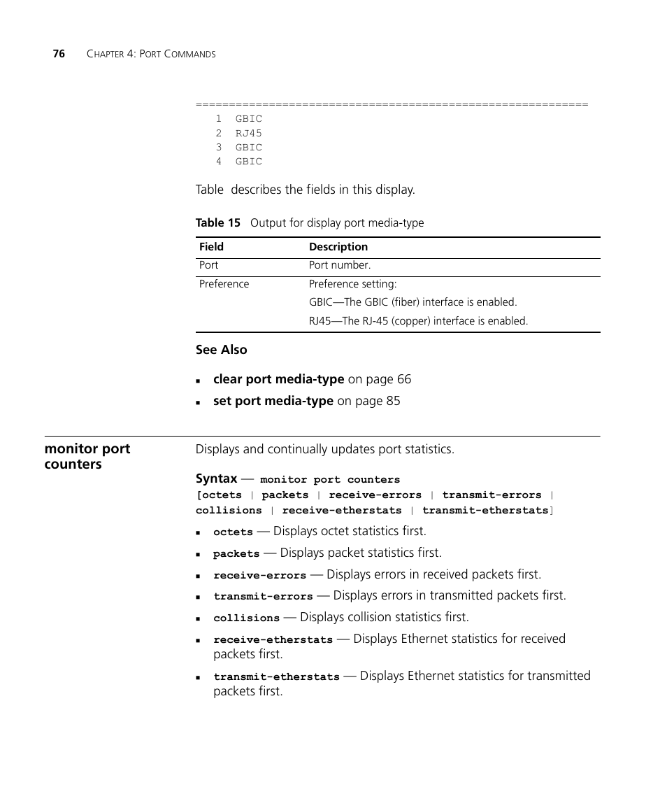 Monitor port counters | 3Com Wireless LAN WX1200 User Manual | Page 76 / 646