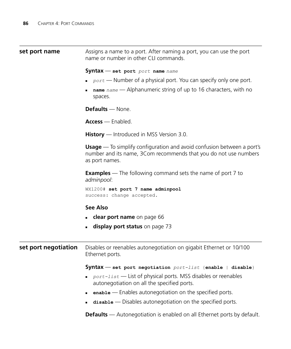 Set port name, Set port negotiation | 3Com Wireless LAN WX1200 User Manual | Page 86 / 646