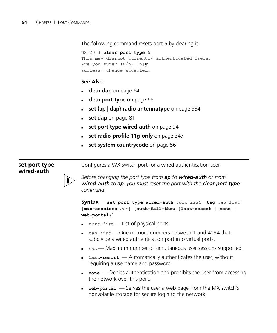 Set port type wired-auth, The following command resets port 5 by clearing it, See also | Clear dap on page 64, Clear port type on page 68, Set {ap | dap} radio antennatype on page 334, Set dap on page 81, Set port type wired-auth on page 94, Set system countrycode on page 56, List of physical ports | 3Com Wireless LAN WX1200 User Manual | Page 94 / 646