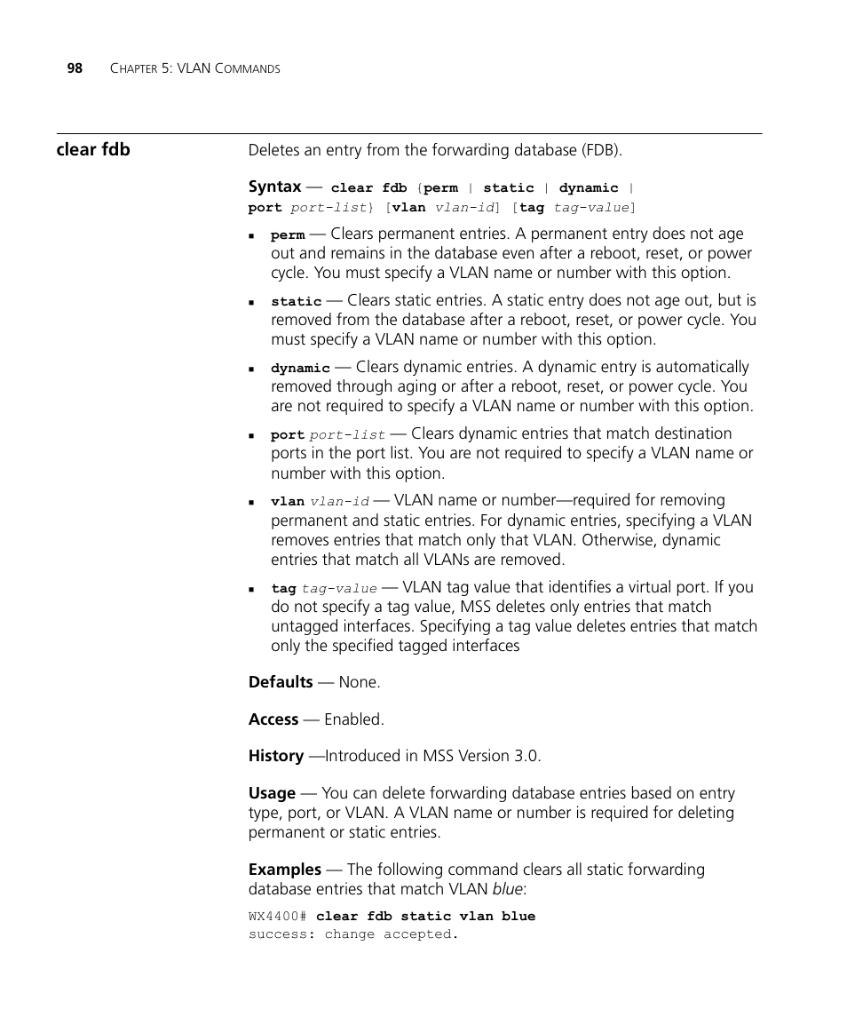 Clear fdb | 3Com Wireless LAN WX1200 User Manual | Page 98 / 646