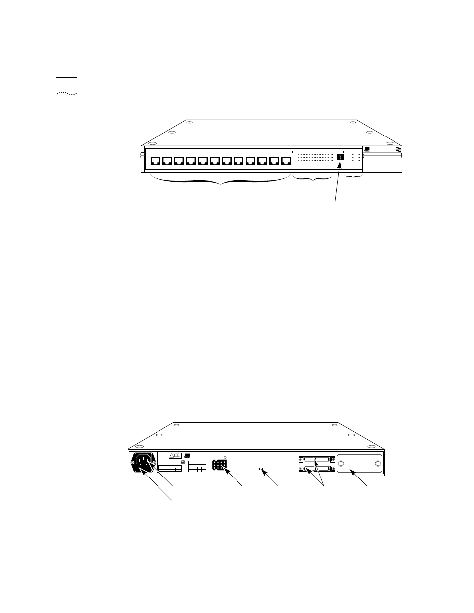Figure1-1 front panel of linkbuilder fms 100-tx h, 100base-tx category 5 utp module (3c252-tx), 100base-fx fiber module (3c262-fx) | Figure1-2 rear panel of linkbuilder fms 100-tx hu, Figure 1-1, Front panel of linkbuilder fms 100-tx hub, Figure 1-2, Rear panel of linkbuilder fms 100-tx hub | 3Com 100 TX User Manual | Page 12 / 64
