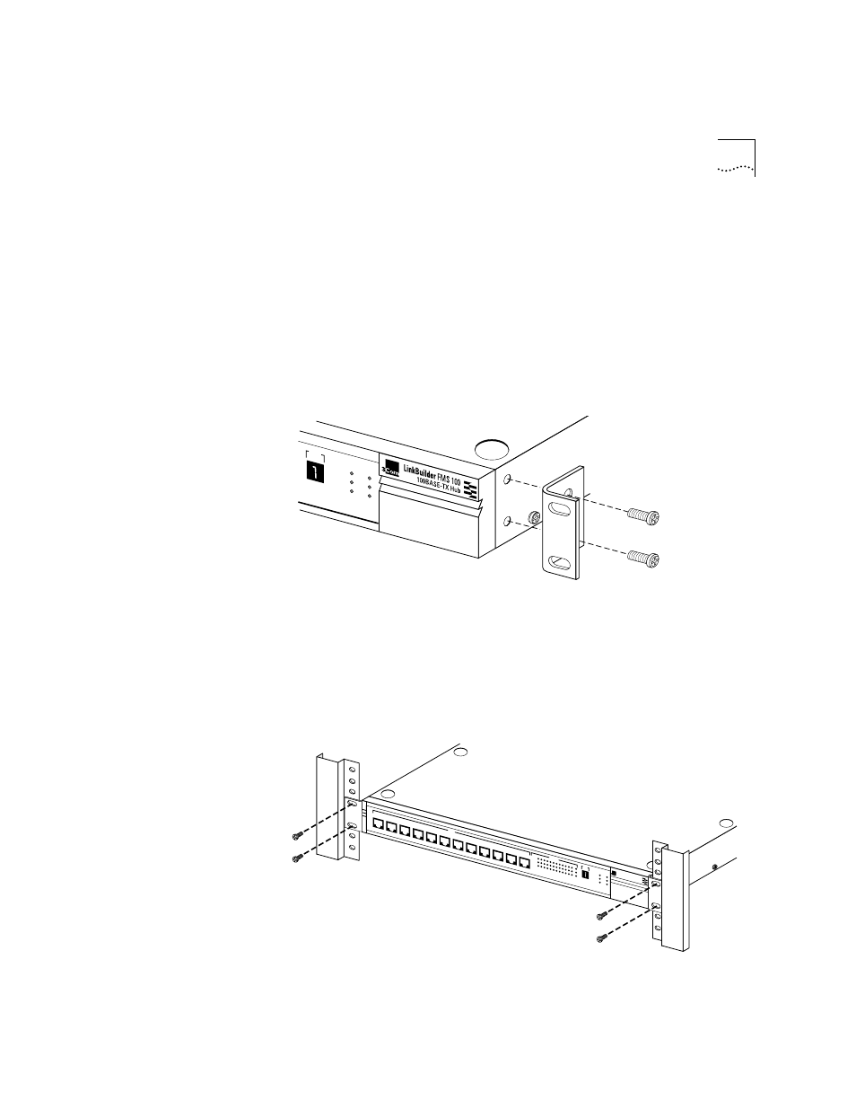 Rack mounting, 1 place one of the hubs on a level surface, with t, 2 position a bracket over the mounting holes on on | Figure2-1 attaching a bracket for rack mounting, 3 insert the two screws and tighten with a screwdr, 4 repeat steps 2 and 3 for the other side of the h, 5 mount the hub in the rack and secure it with sui, Figure2-2 rack mounting a single hub, Rack mounting 2-3, Installing the hub 2-3 | 3Com 100 TX User Manual | Page 17 / 64