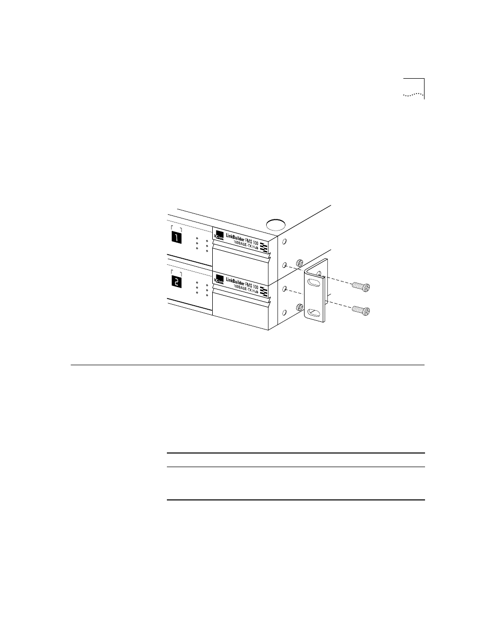 Desktop placement, Figure2-4 attaching a bracket for desktop placeme, Installing the transceiver interface modules | Table2-1 transceiver interface modules, 100base-tx, 3c252-tx, Rj-45, Category 5 utp cabling, 100base-fx, 3c262-fx | 3Com 100 TX User Manual | Page 19 / 64