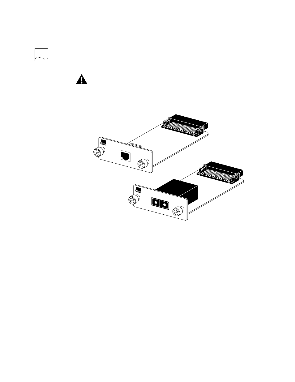 Figure2-5 transceiver interface modules, 1 disconnect the ac power cord from the individual, 2 remove the blanking plate from the transceiver i | 3Com 100 TX User Manual | Page 20 / 64