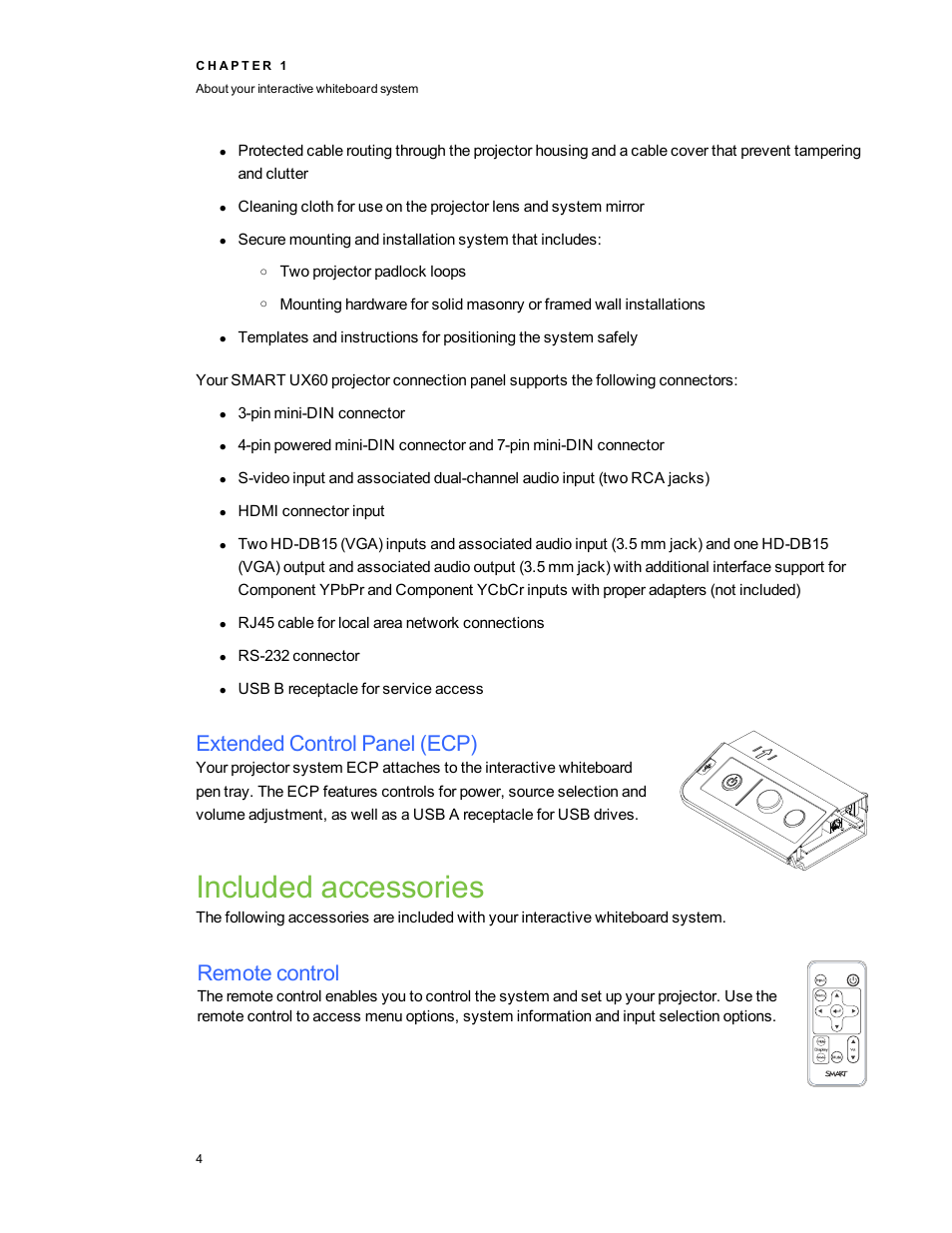 Extended control panel (ecp), Included accessories, Remote control | Smart Technologies 800ix-SMP User Manual | Page 14 / 100
