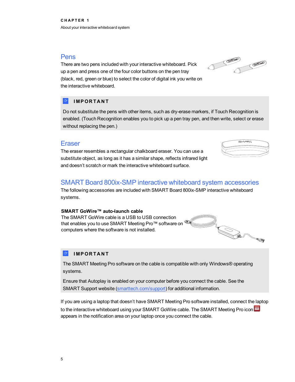 Pens, Eraser, Smart gowire™ auto-launch cable | Smart Technologies 800ix-SMP User Manual | Page 15 / 100