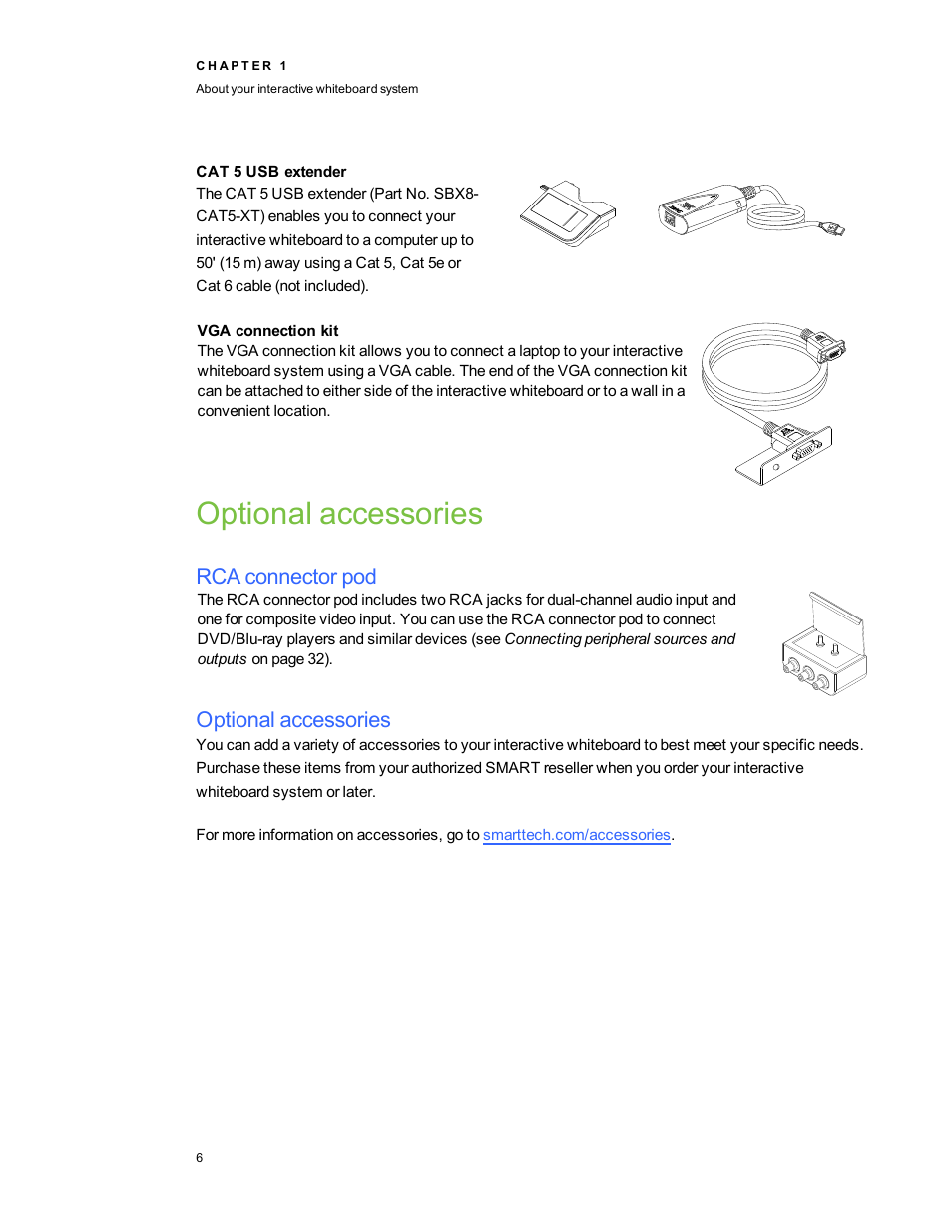 Cat 5 usb extender, Vga connection kit, Optional accessories | Rca connector pod | Smart Technologies 800ix-SMP User Manual | Page 16 / 100