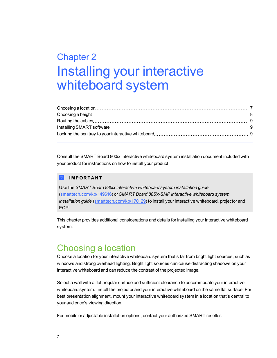 Choosing a location, Chapter 2 | Smart Technologies 800ix-SMP User Manual | Page 17 / 100