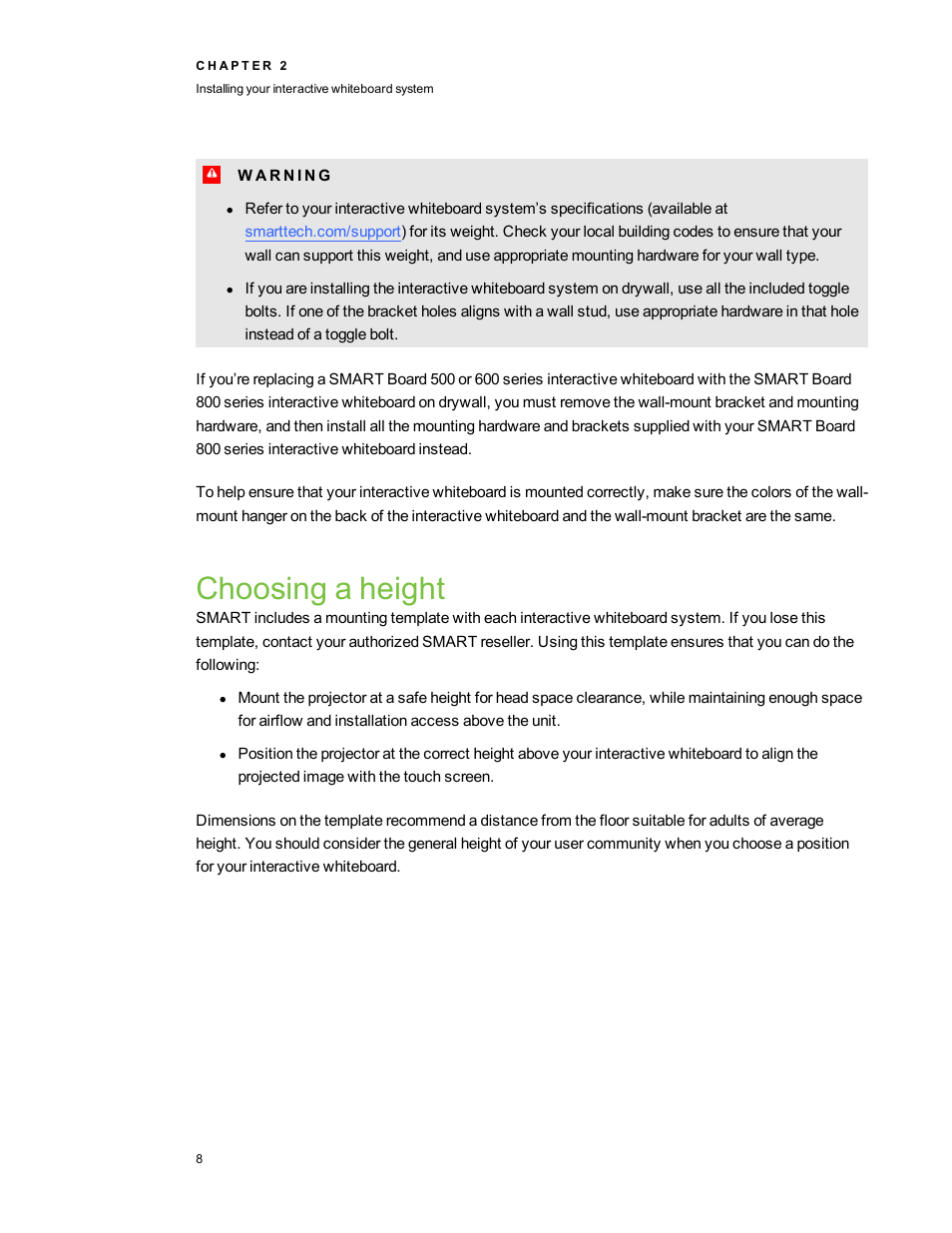 Choosing a height | Smart Technologies 800ix-SMP User Manual | Page 18 / 100