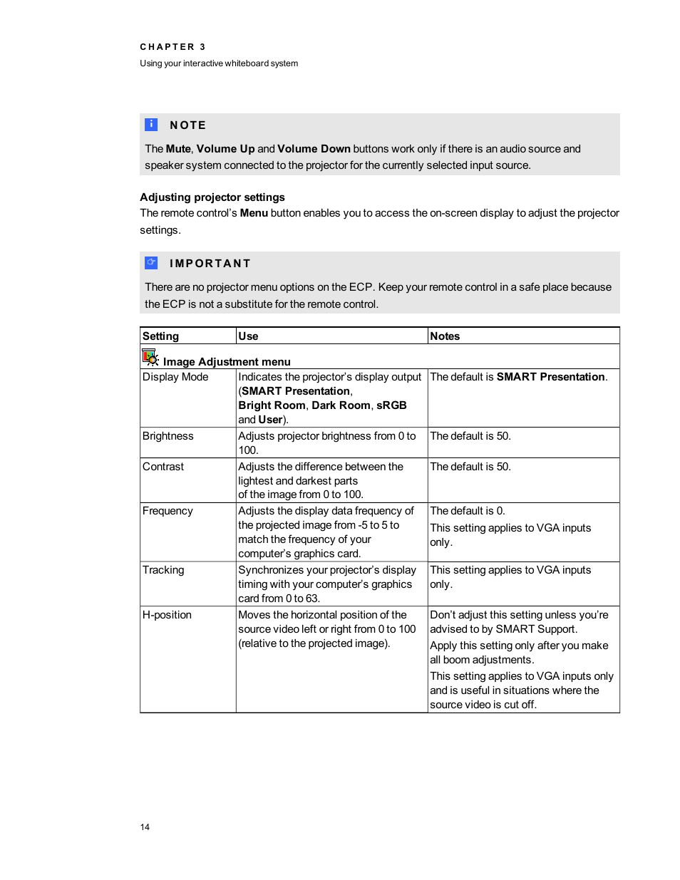 Adjusting projector settings | Smart Technologies 800ix-SMP User Manual | Page 24 / 100