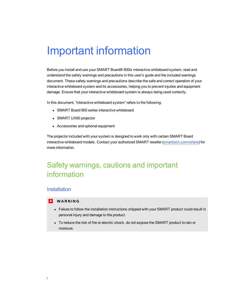Important information, Installation | Smart Technologies 800ix-SMP User Manual | Page 3 / 100