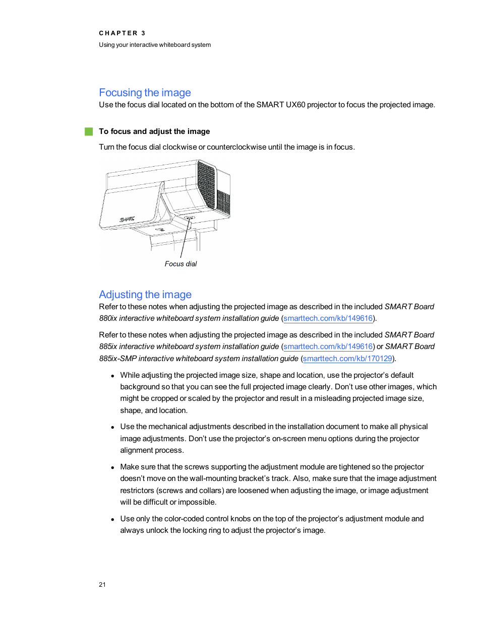 Focusing the image, Adjusting the image | Smart Technologies 800ix-SMP User Manual | Page 31 / 100